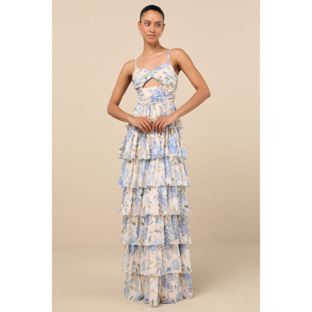 Lulus Arata Beige And Blue Floral Cutout Tiered Maxi Dress - Size XS